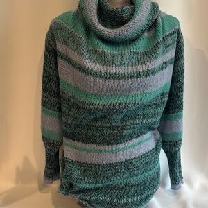Free People Cozy Green,lavender,black striped Cowl Neck Sweater Size -M